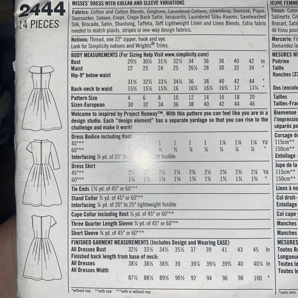 Simplicity 2444 Project Runway Dress Collar/Sleeve Variations Sz 4-12 UNCUT